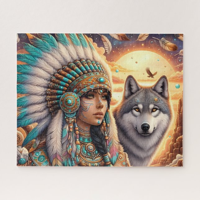 Schöne indianische Frau mit Wolf Puzzle (Horizontal)