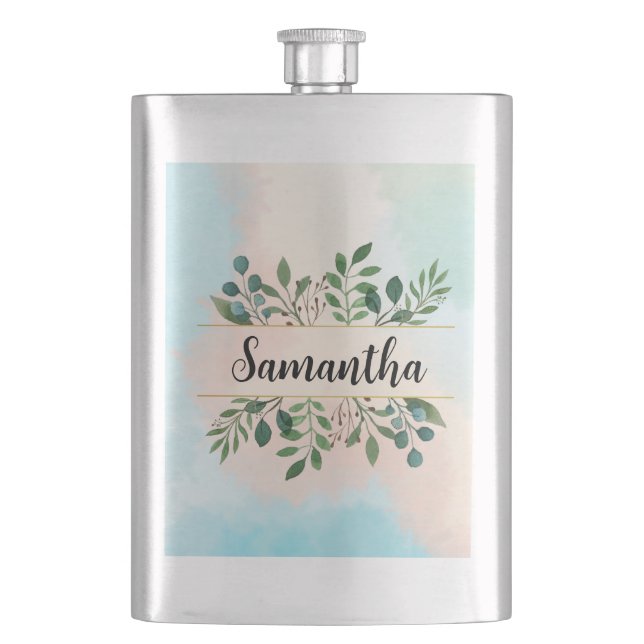 Schöne, individuell einstellbare Name Grün Blätter Flachmann (Vorderseite)