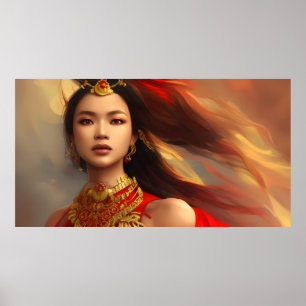 Schöne indonesische asiatische Frau rot Gold  Poster