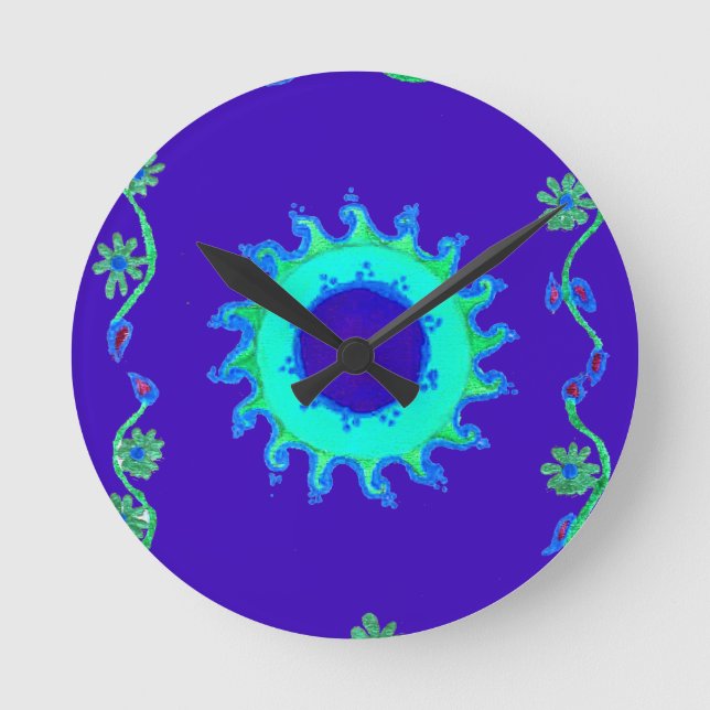 Schöne Iridescent Blue Floral Art Ölgemälde Runde Wanduhr (Vorderseite)