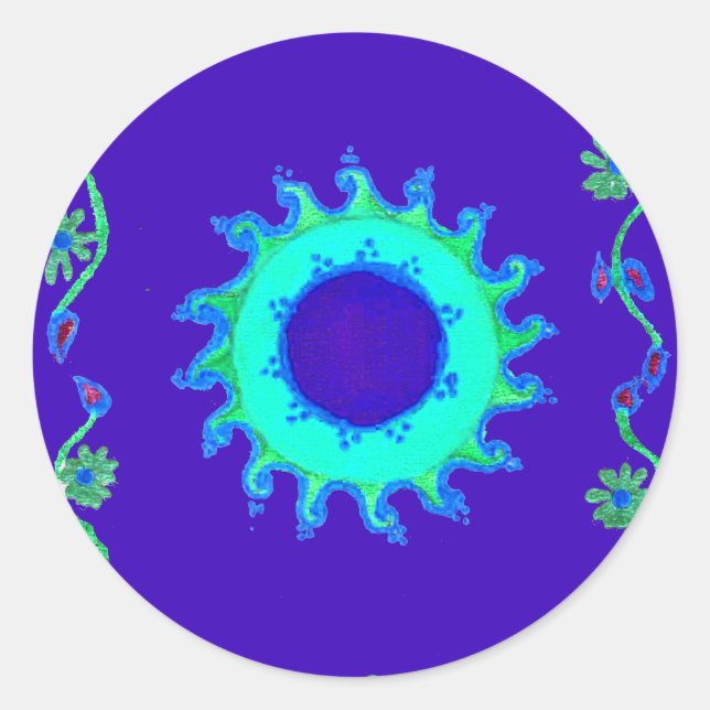 Schöne Iridescent Blue Floral Art Ölgemälde Runder Aufkleber (Vorderseite)