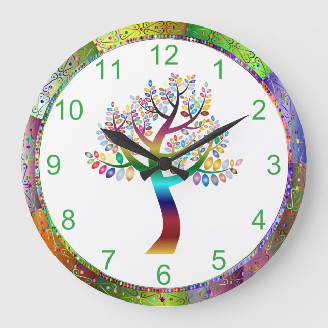 Schöne Iridescent Rainbow Tree Boho Bohemisch Große Wanduhr (Vorderseite)