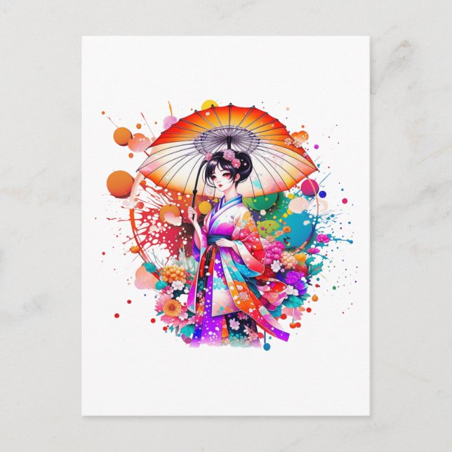 Schöne japanische Frau im Kimono Parasol Postkarte (Vorderseite)