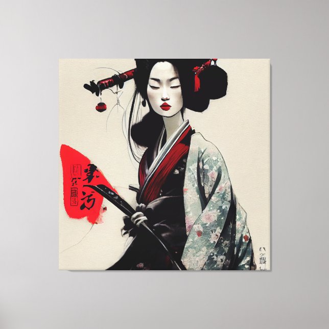 Schöne japanische Geisha Stretched Canvas Print Leinwanddruck (Vorderseite)