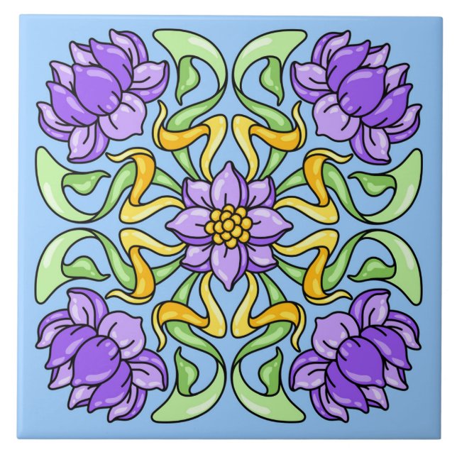 Schöne Jugendstil-Kachel mit violetten Blumen Fliese (Vorderseite)