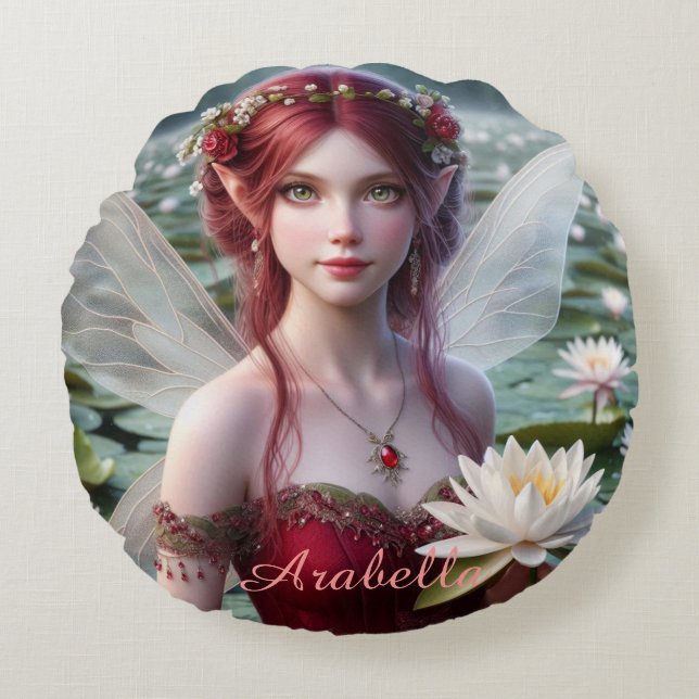 Schöne Juli Fee in Water Lilies Rundes Kissen (Vorderseite)