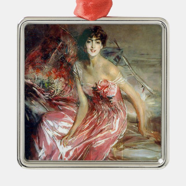 Schöne junge Frau in einem rosa Kleid Ornament Aus Metall (Vorne)