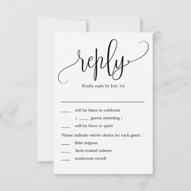Schöne kalligraphische Hochzeit RSVP mit Menüoptio Einladung (Vorderseite)