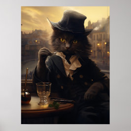Schöne Katze im Anzug beim Trinken in Paris Poster