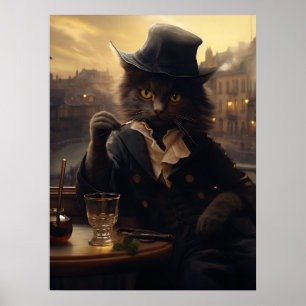 Schöne Katze im Anzug beim Trinken in Paris Poster