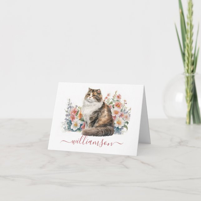 Schöne Katze im Garten Wasserfarbe & Nachname (Vorderseite)