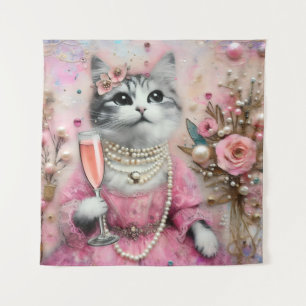Schöne Katze in rosa Kleid mit Perlen Wandteppich