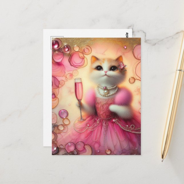 Schöne Katze in Rosa und Perlen mit Getränk in der Postkarte (Vorderseite/Rückseite Beispiel)