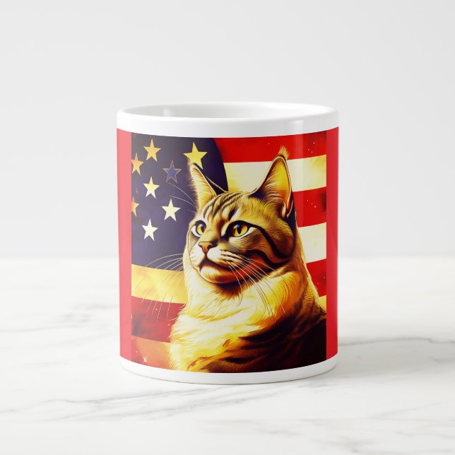 Schöne Katze mit amerikanischem Flaggenhintergrund Jumbo-Tasse (Vorderseite)