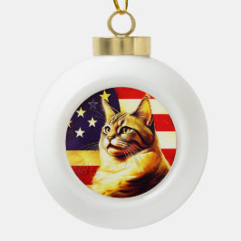 Schöne Katze mit amerikanischem Flaggenhintergrund Keramik Kugel-Ornament