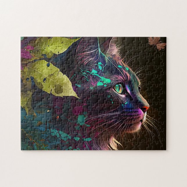 Schöne Katze mit Blattwerk - Kunst der künstlerisc Puzzle (Horizontal)