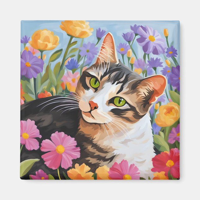 Schöne Katze mit Blume Magnet (Vorne)