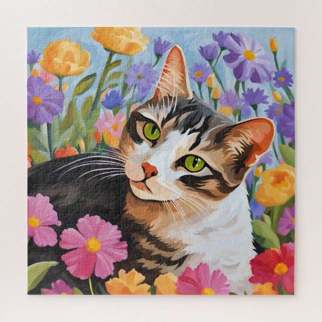 Schöne Katze mit Blume Puzzle (Vertikal)