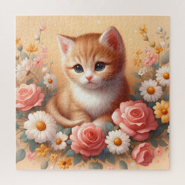 Schöne Katze mit Blume Puzzle (Vertikal)