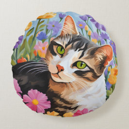 Schöne Katze mit Blume Rundes Kissen