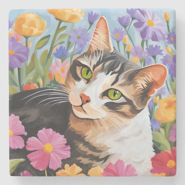 Schöne Katze mit Blume Steinuntersetzer (Vorderseite)