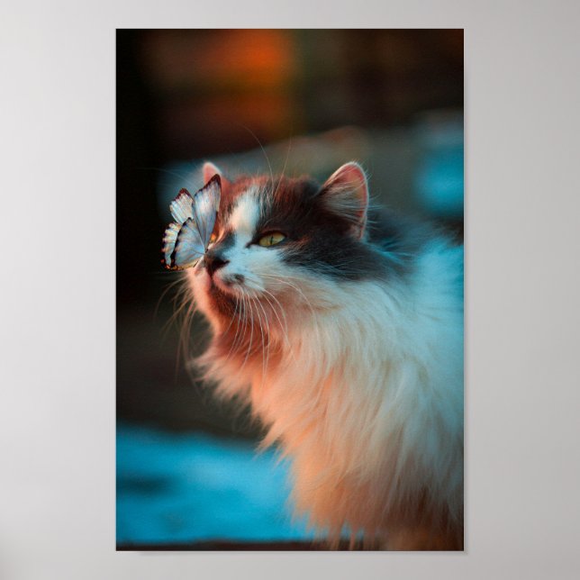 Schöne Katze mit einem Schmetterling auf der Nase Poster (Vorne)