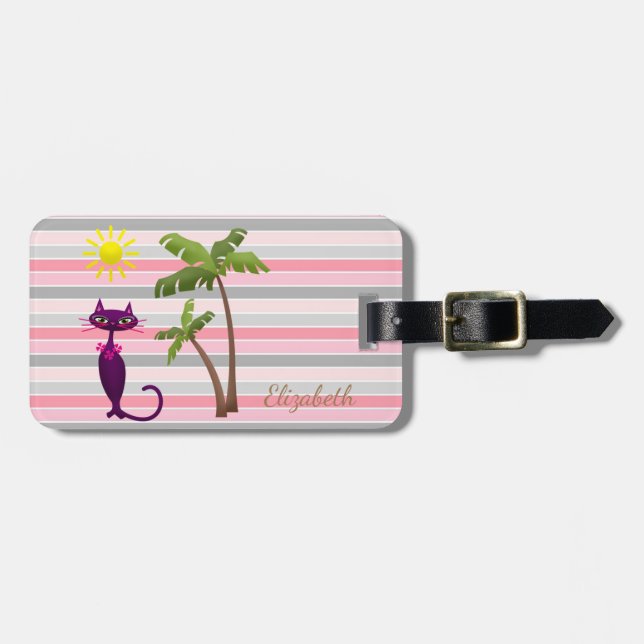 Schöne Katze, Sonne, Palmen am Streifen Gepäckanhänger (Vorderseite horizontal)