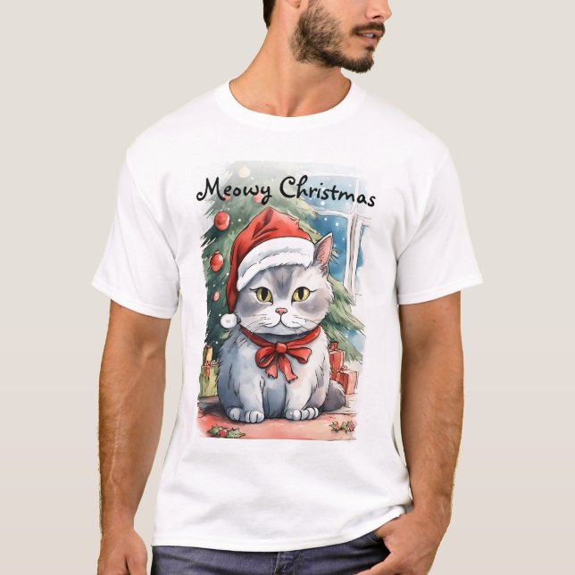 Schöne kitschige Wasserfarben Meowy Cristmas T-Shirt (Vorderseite)