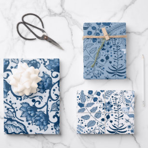 Schöne klassische Blau- und Weiß-Blumenmuster Geschenkpapier Set