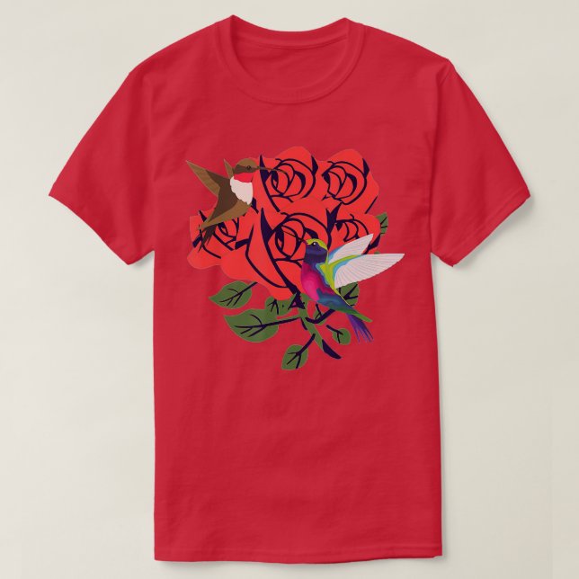 Schöne Kolibris mit rote Rosen Blume T-Shirt (Design vorne)