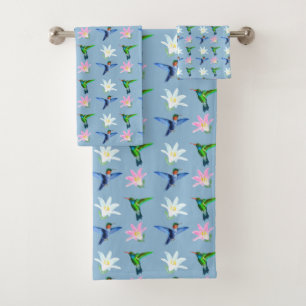 Schöne Kolibris und Blumen auf Hellblau Badhandtuch Set