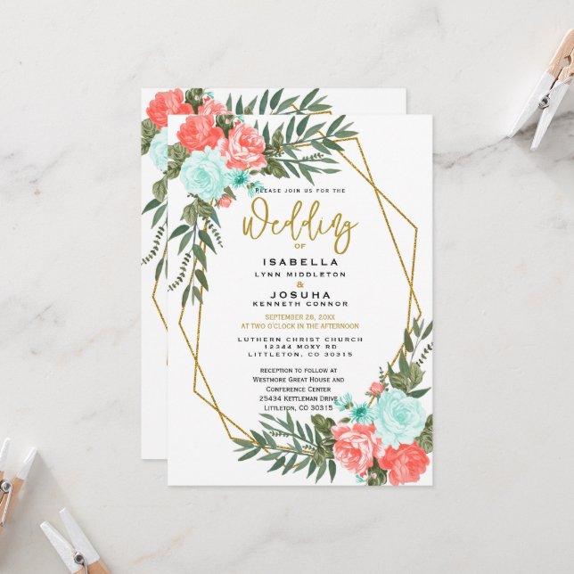 Schöne Koralle und Aquamarine Blumen Einladung (Vorderseite/Rückseite Beispiel)