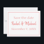 Schöne Korallen und Weiß Save the Date<br><div class="desc">Eine wunderschöne Save the Date Karte,  die einen weißen Hintergrund mit einem rosa KorallenSchriftart darstellt. Save the Date von Ihrer Hochzeit mit diesen schönen Einladungen. Personalisieren Sie Ihre noch heute!</div>