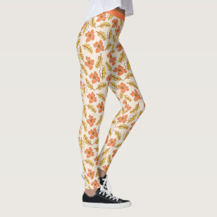 Schöne Korallenlachs Blumen Blattwerk Blumen Yoga Leggings