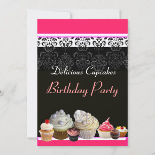 SCHÖNE KUPCAKES GEBURTSTAGSPARTEI, rosa schwarz Einladung