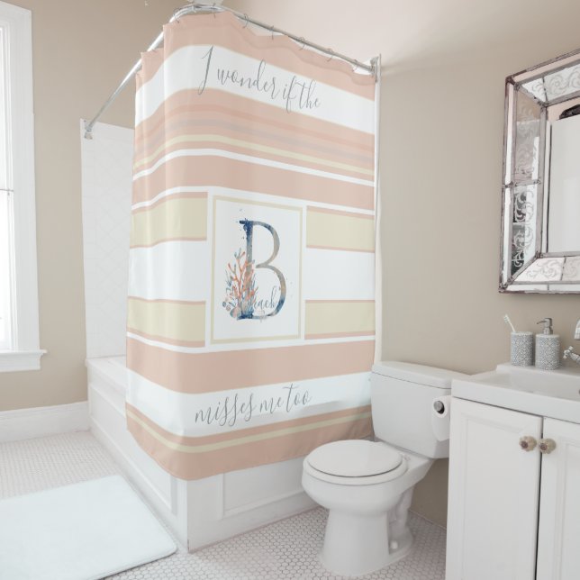Schöne Küstenkoralle blau monogramm pink gestreift Duschvorhang (Beispiel)
