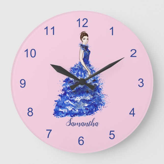 Schöne Lady mit Funkelnd Blauer Mode Große Wanduhr (Vorderseite)