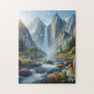 Schöne Landschaft mit Bergen und Wasserfällen Puzzle