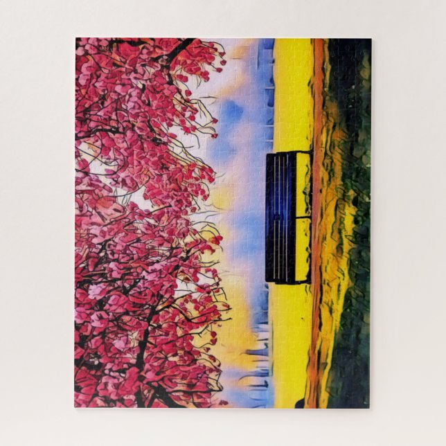 Schöne Landschaft mit Kirschbäumen und einer Bank Puzzle (Vertikal)