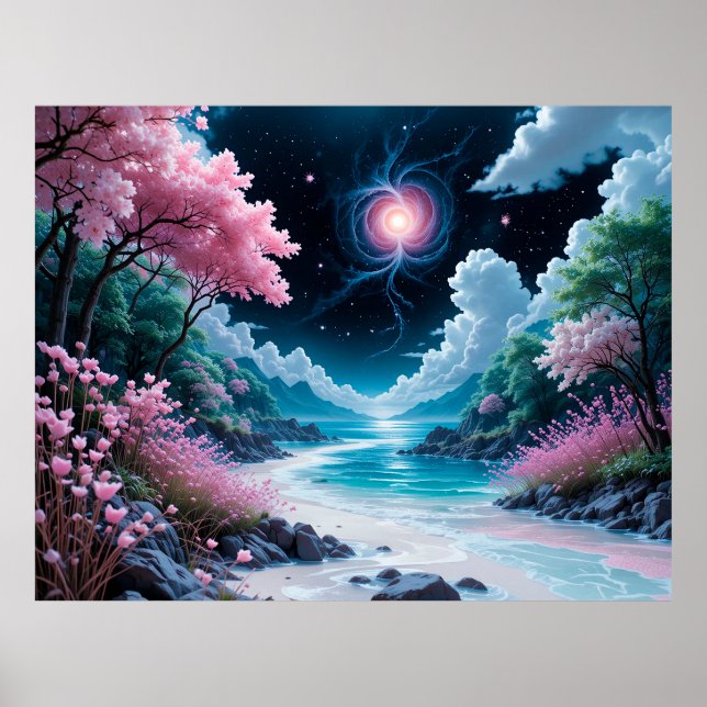 Schöne Landschaft mit rosa Kirschblüten Poster (Vorne)