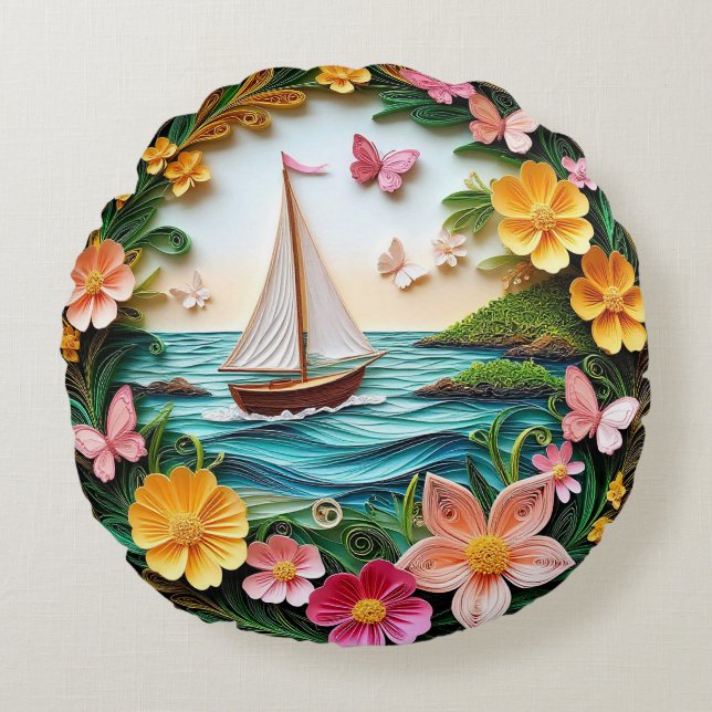 Schöne Landschaft mit Segelboot Rundes Kissen (Vorderseite)