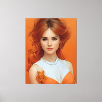 Schöne, lang haarige Frau im Orangen Modemodell