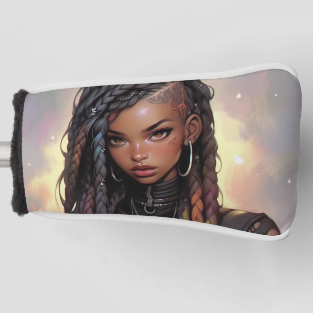Schöne lange Braids unterbieten Black Anime Girl Golf Headcover (Vorderseite)