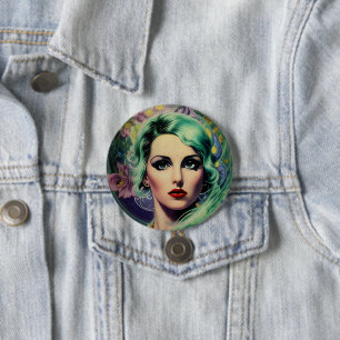 Schöne Lavender & Green Retro Style Space Frau Button
