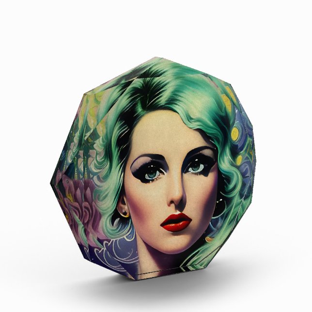 Schöne Lavender & Green Retro Style Space Frau Fotoblock (Links)