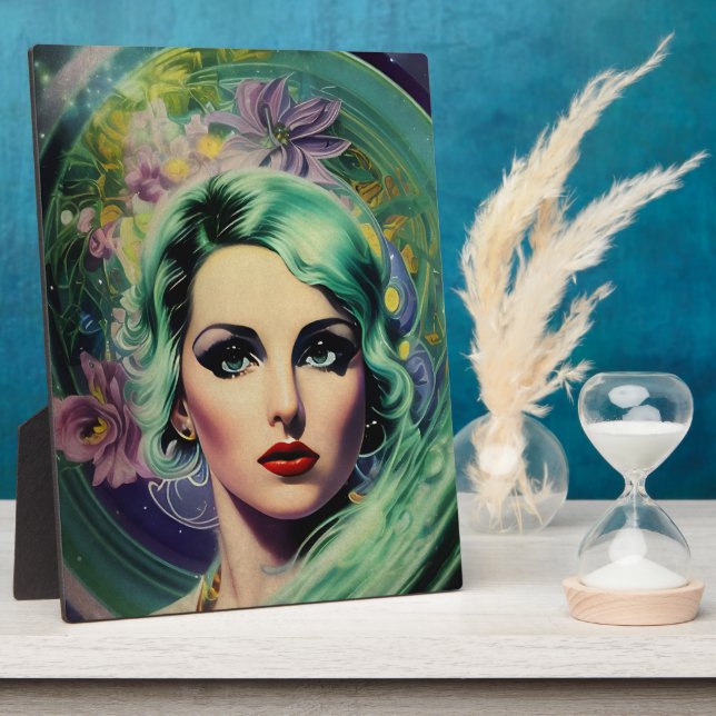 Schöne Lavender & Green Retro Style Space Frau Fotoplatte (Seite)