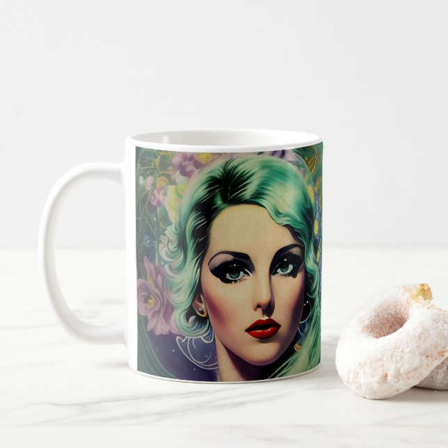 Schöne Lavender & Green Retro Style Space Frau Kaffeetasse (Mit Donut)