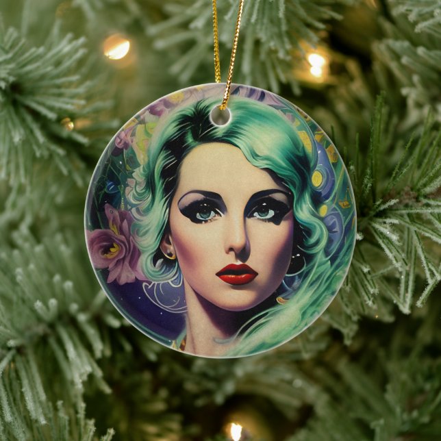 Schöne Lavender & Green Retro Style Space Frau Keramik Ornament (Baum)