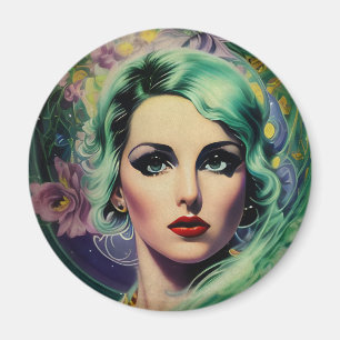 Schöne Lavender & Green Retro Style Space Frau Magnet
