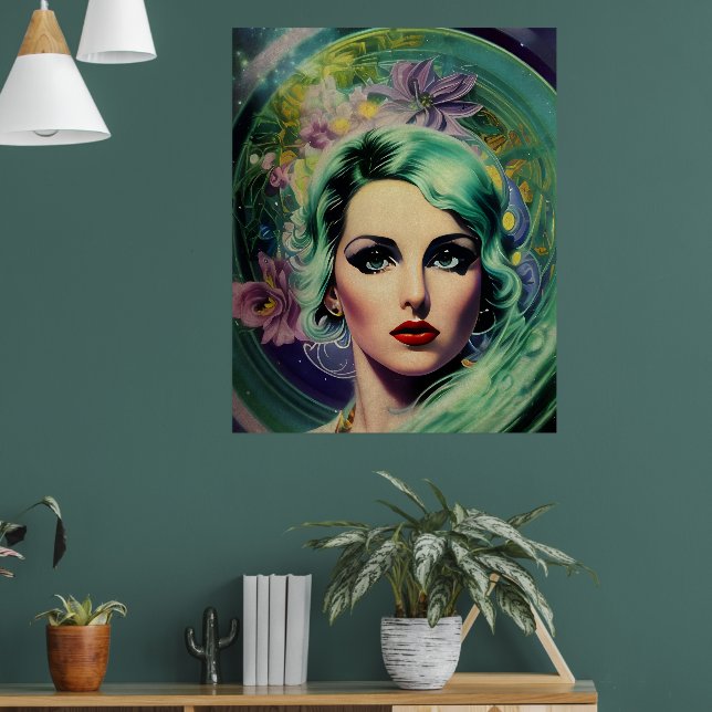 Schöne Lavender & Green Retro Style Space Frau Poster (Wohnzimmer 1)